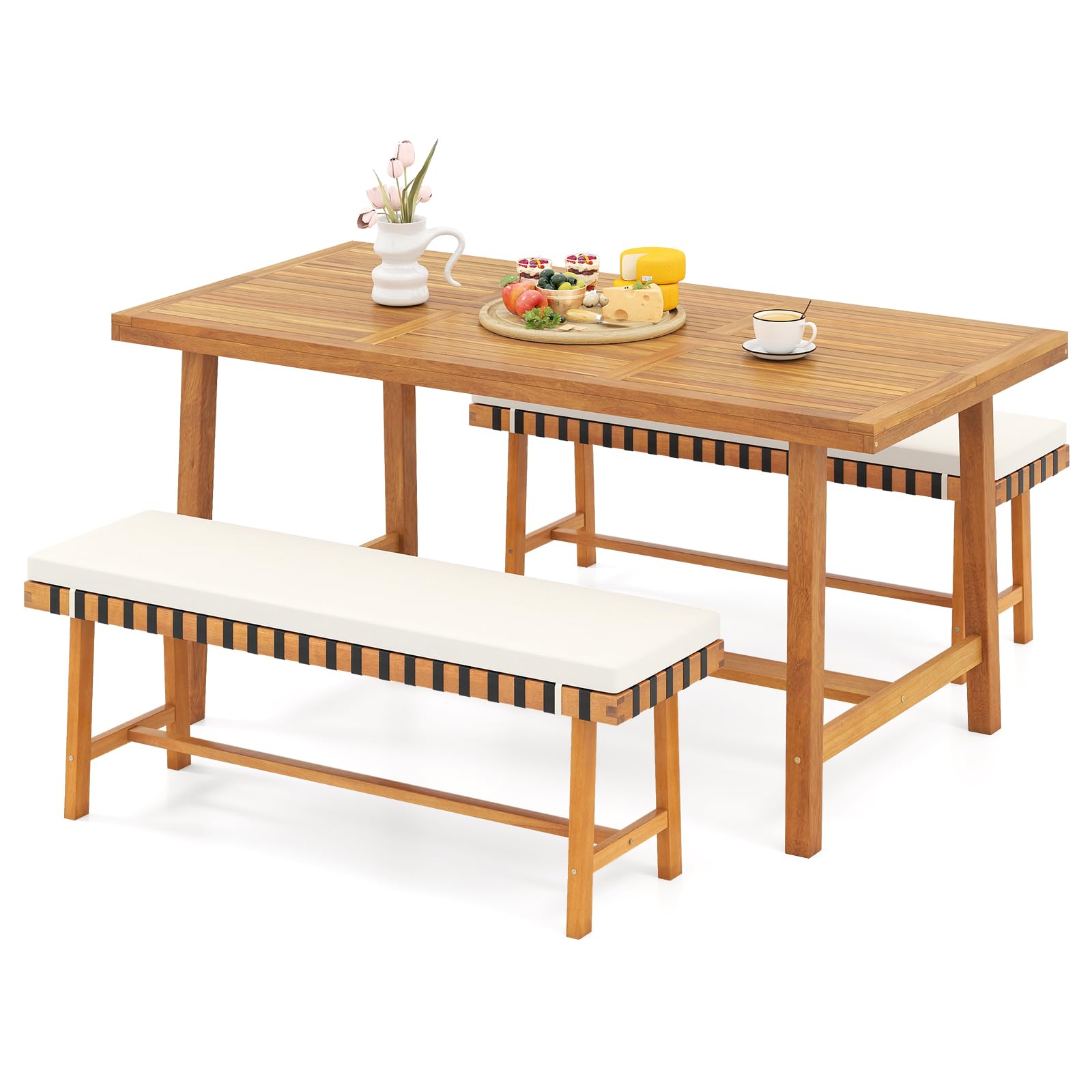 Tangkula 63” Outdoor Acacia Wood Rectangular Table with 1.97” Umbrealla Hole & 2 Cushioned Bench